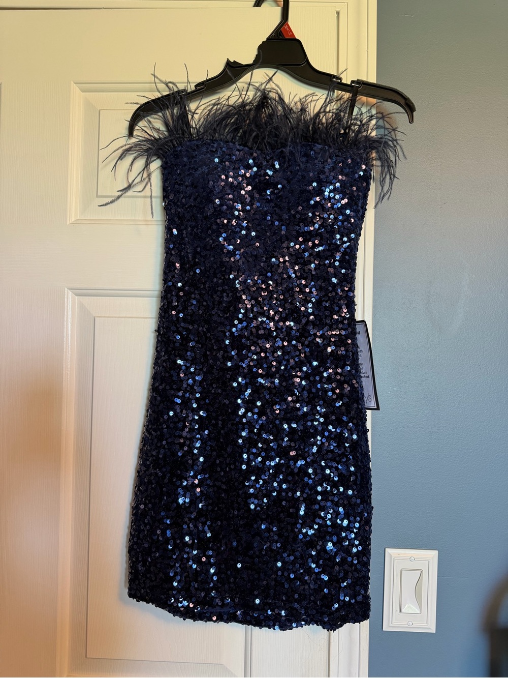 B Darlin Navy Sequin Strapless Mini Dress with Feather Trim